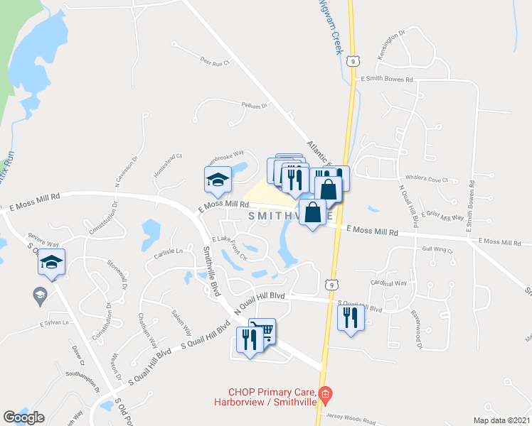 map of restaurants, bars, coffee shops, grocery stores, and more near 649 East Moss Mill Road in Galloway