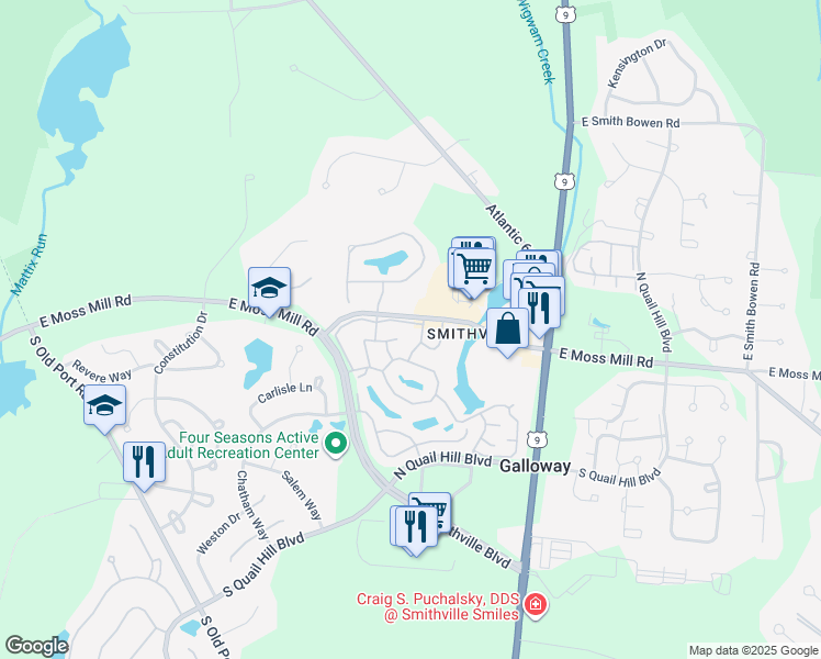 map of restaurants, bars, coffee shops, grocery stores, and more near 186 Meadow Ridge Road in Galloway