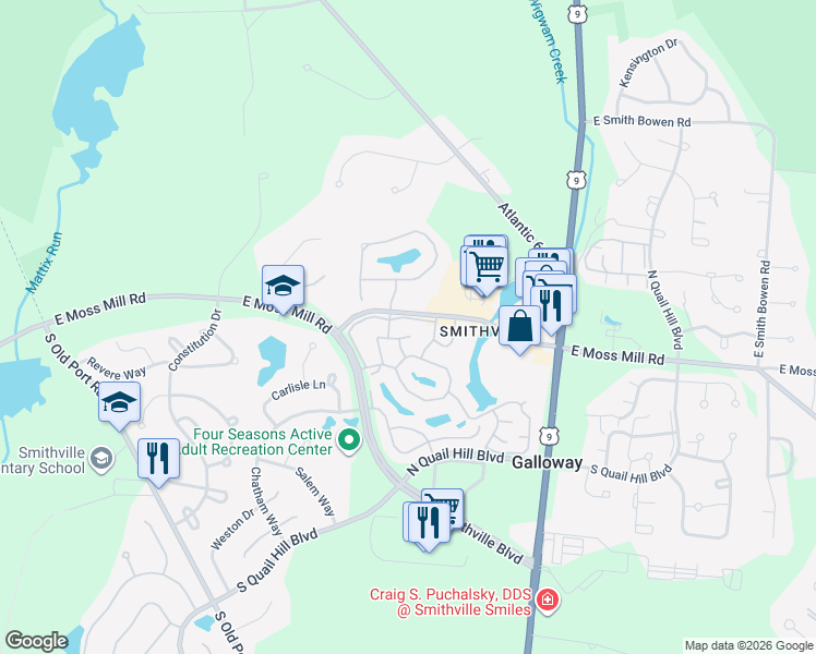 map of restaurants, bars, coffee shops, grocery stores, and more near in Galloway