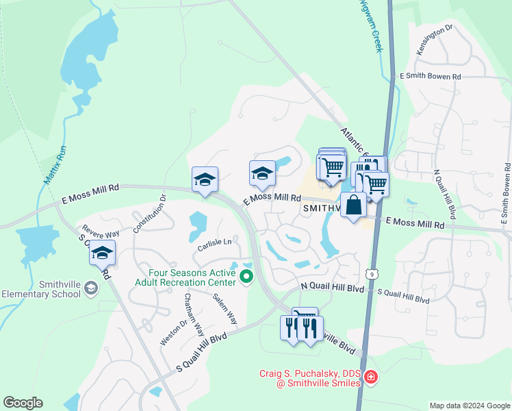 map of restaurants, bars, coffee shops, grocery stores, and more near 3 North Kendall Court in Galloway