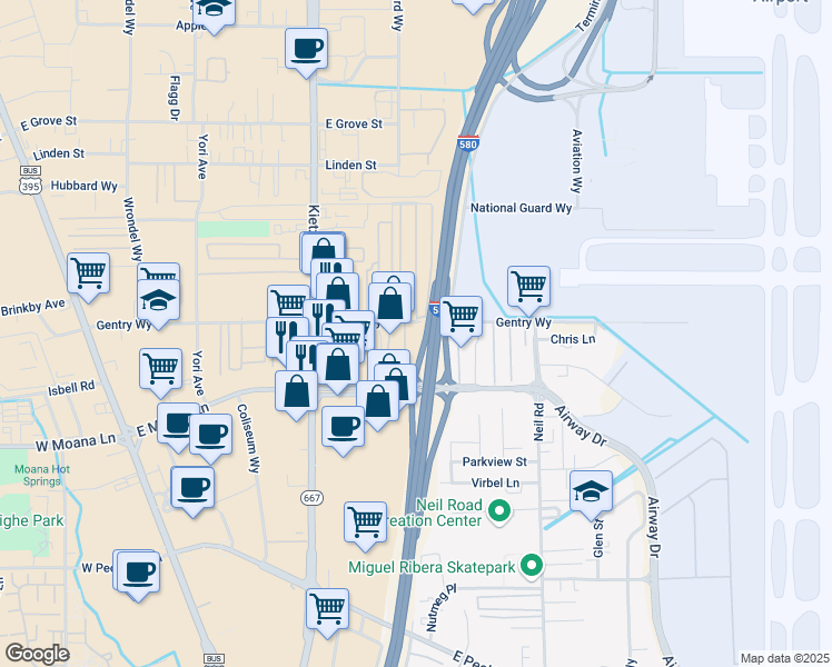 map of restaurants, bars, coffee shops, grocery stores, and more near 864 Gentry Way in Reno