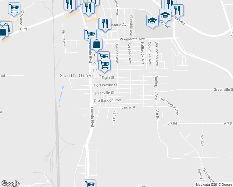 map of restaurants, bars, coffee shops, grocery stores, and more near 2167 Greenville Street in Oroville
