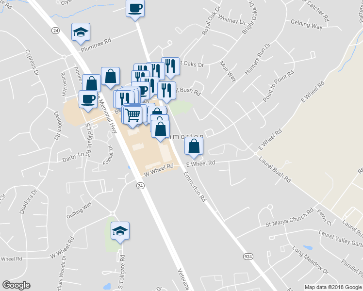 map of restaurants, bars, coffee shops, grocery stores, and more near 2228 Old Emmorton Road in Bel Air