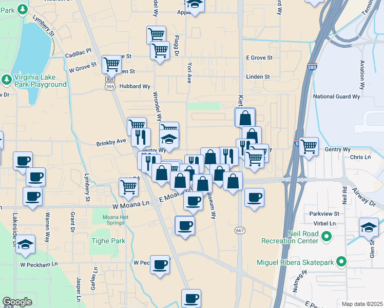 map of restaurants, bars, coffee shops, grocery stores, and more near 301 Gentry Way in Reno