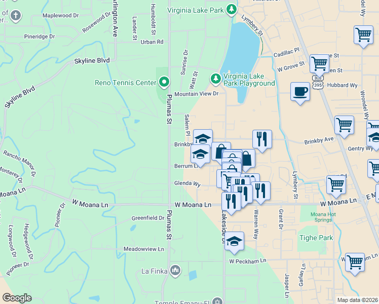 map of restaurants, bars, coffee shops, grocery stores, and more near 60 Berrum Place in Reno