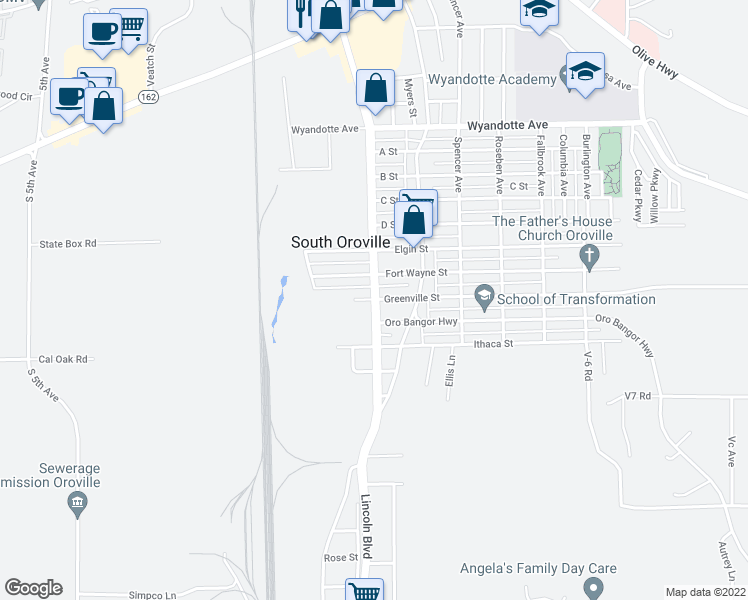 map of restaurants, bars, coffee shops, grocery stores, and more near 2750 Lincoln Boulevard in Oroville