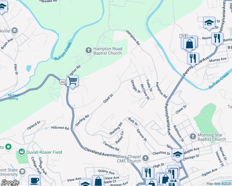 map of restaurants, bars, coffee shops, grocery stores, and more near 345-499 Odell Street in Fairmont