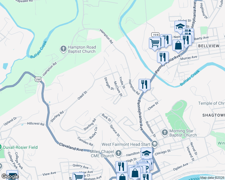 map of restaurants, bars, coffee shops, grocery stores, and more near 50 Straight Street in Fairmont