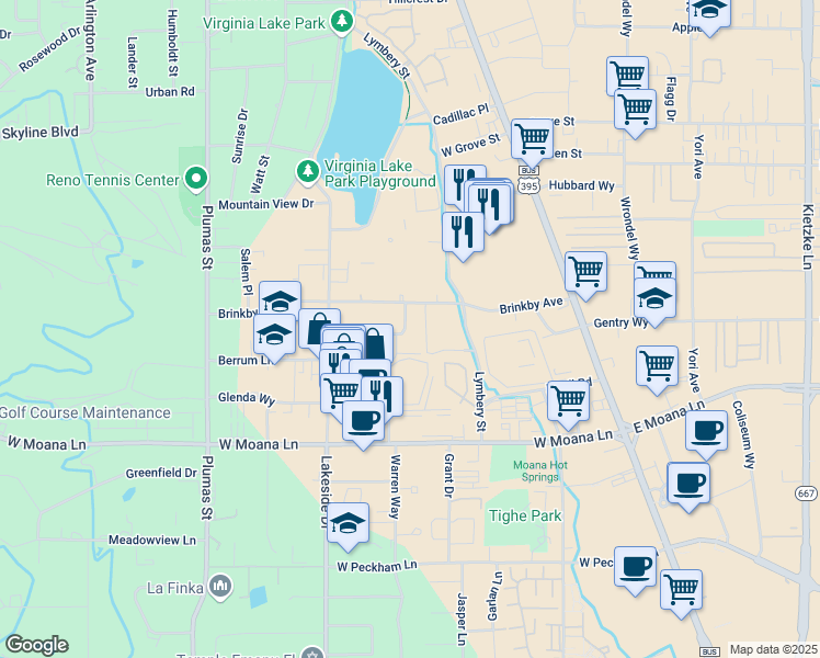 map of restaurants, bars, coffee shops, grocery stores, and more near 630 Robinhood Drive in Reno