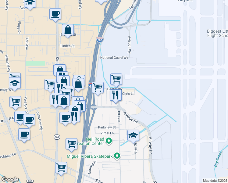 map of restaurants, bars, coffee shops, grocery stores, and more near in Reno