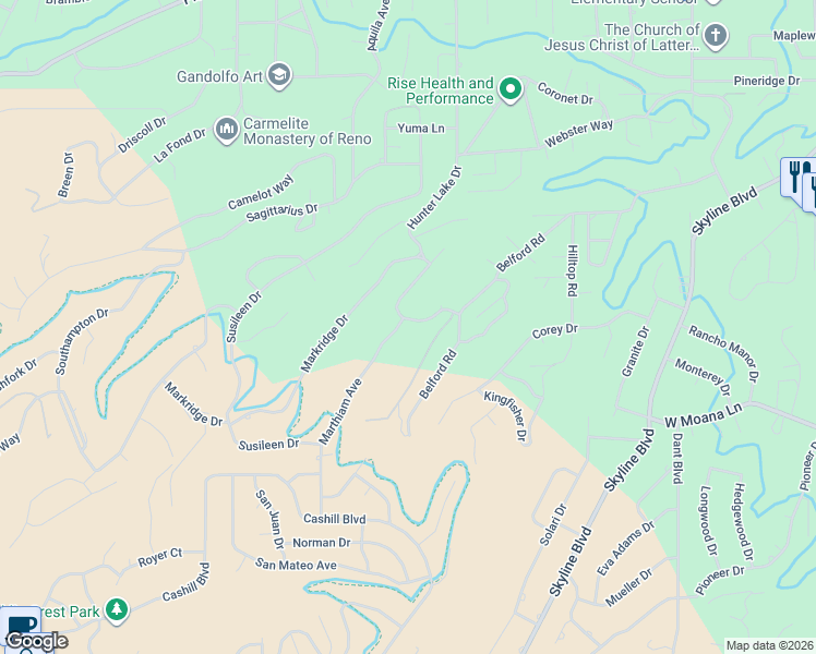map of restaurants, bars, coffee shops, grocery stores, and more near 3165 Marthiam Avenue in Reno