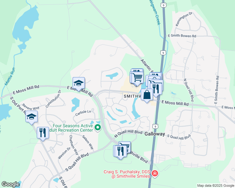 map of restaurants, bars, coffee shops, grocery stores, and more near 186 Meadow Ridge Road in Galloway
