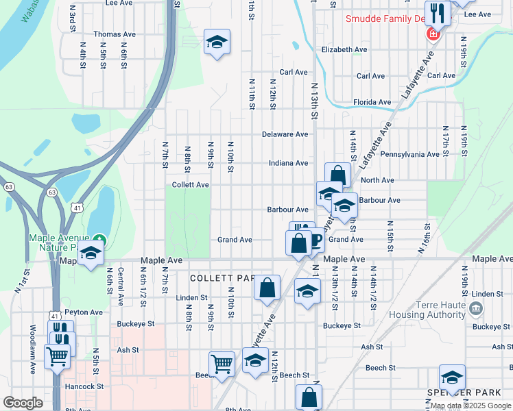 map of restaurants, bars, coffee shops, grocery stores, and more near 2316 North 11th Street in Terre Haute