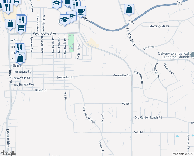 map of restaurants, bars, coffee shops, grocery stores, and more near Greenville Street in Oroville