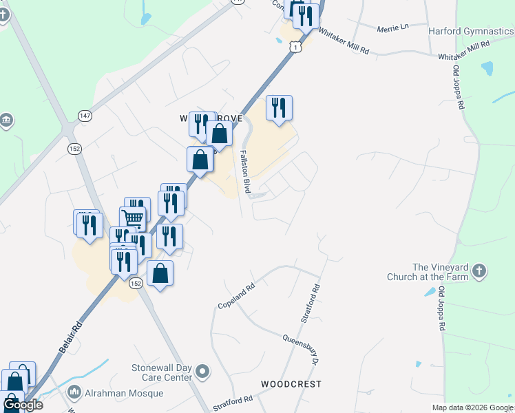 map of restaurants, bars, coffee shops, grocery stores, and more near 1843 Exton Drive in Fallston