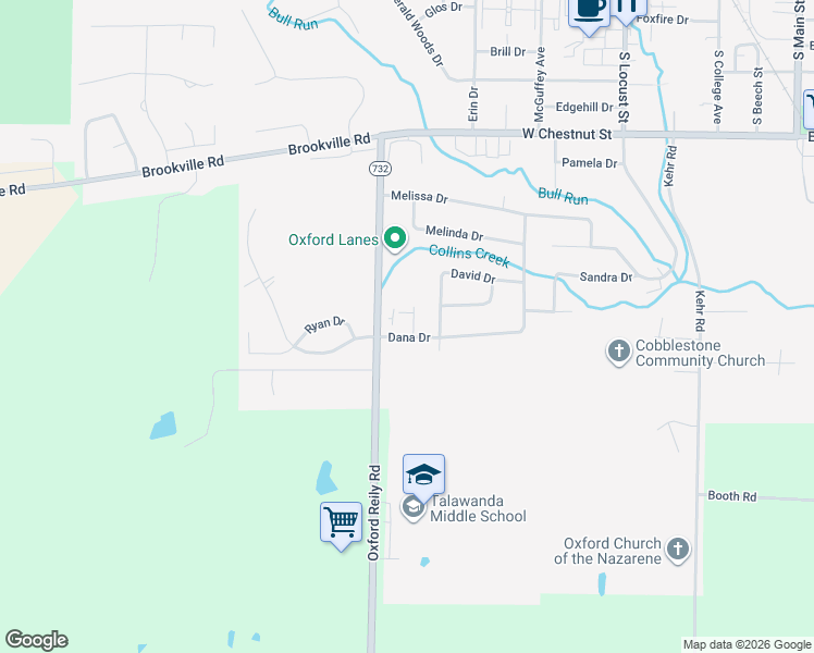 map of restaurants, bars, coffee shops, grocery stores, and more near 725 Daniel Drive in Oxford