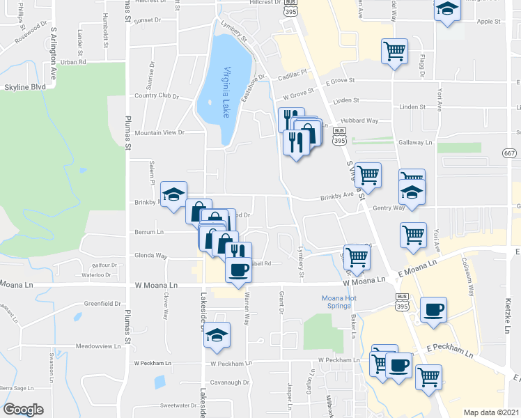 map of restaurants, bars, coffee shops, grocery stores, and more near 655 Robinhood Drive in Reno