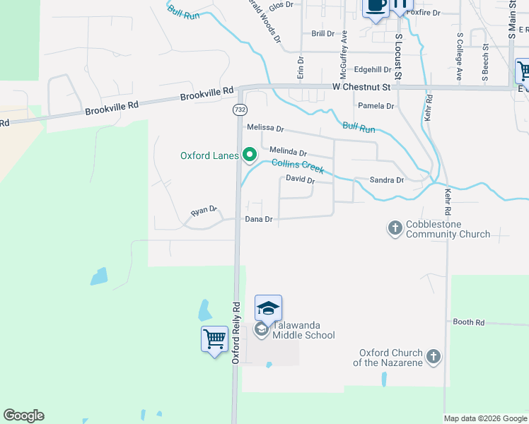 map of restaurants, bars, coffee shops, grocery stores, and more near 725 Daniel Drive in Oxford