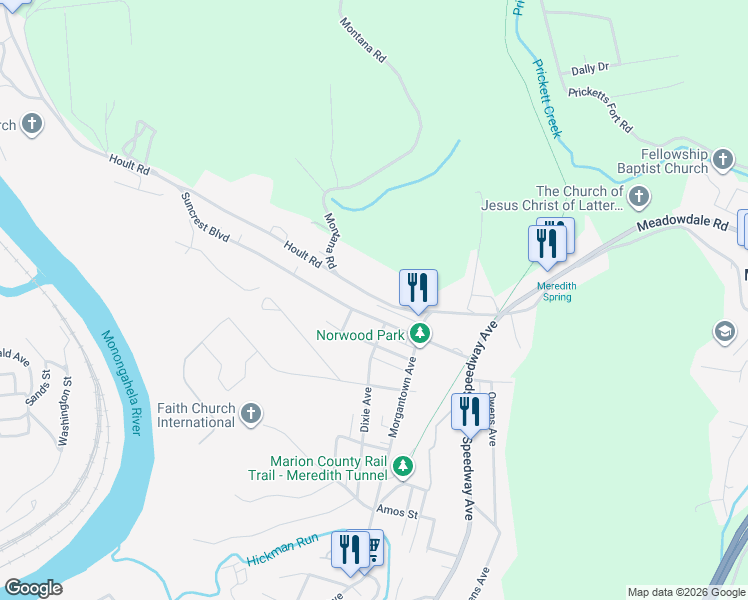 map of restaurants, bars, coffee shops, grocery stores, and more near 210 Poor Farm Road in Fairmont