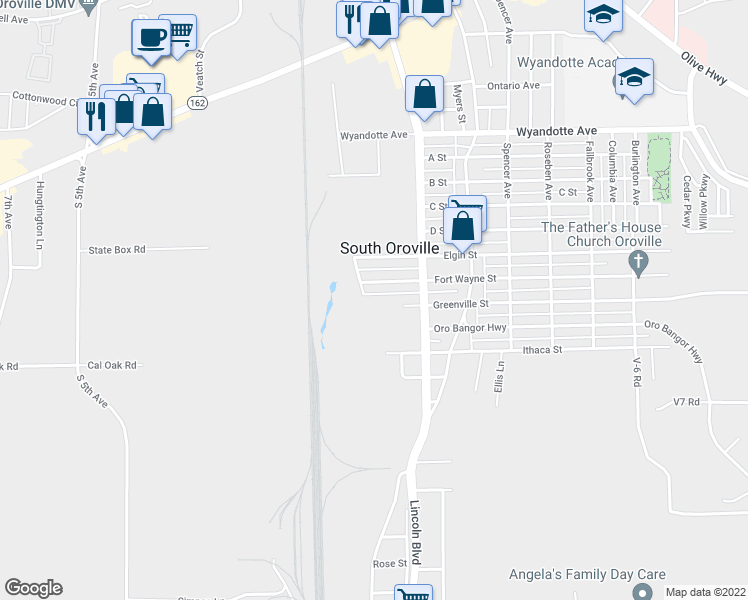 map of restaurants, bars, coffee shops, grocery stores, and more near 1719 Fort Wayne Street in Oroville