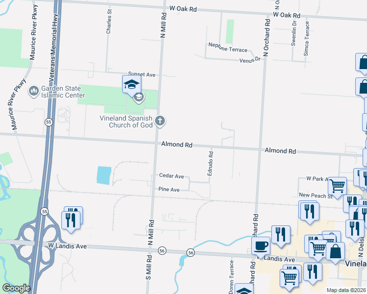 map of restaurants, bars, coffee shops, grocery stores, and more near 1761 Almond Road in Vineland