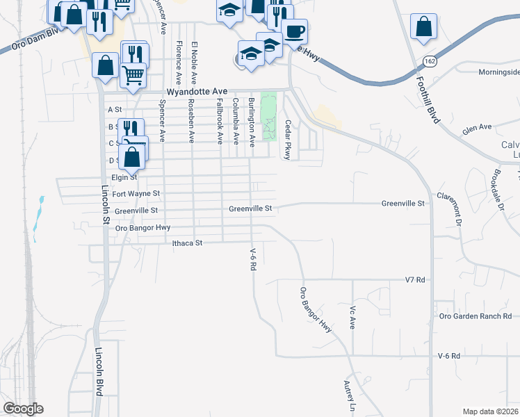 map of restaurants, bars, coffee shops, grocery stores, and more near Greenville Street in Oroville