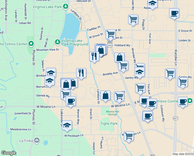 map of restaurants, bars, coffee shops, grocery stores, and more near 380 Brinkby Ave in Reno