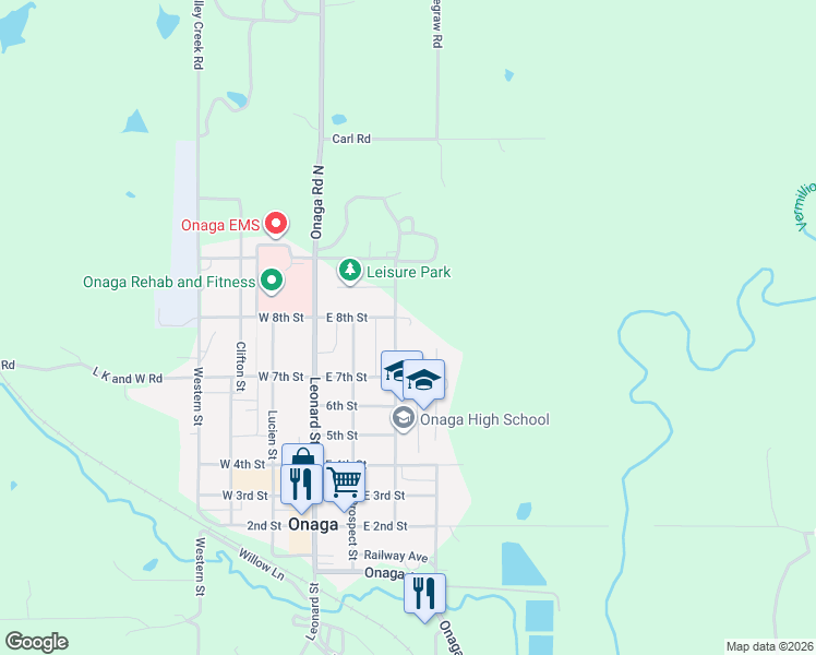 map of restaurants, bars, coffee shops, grocery stores, and more near 214 East 8th Street in Onaga