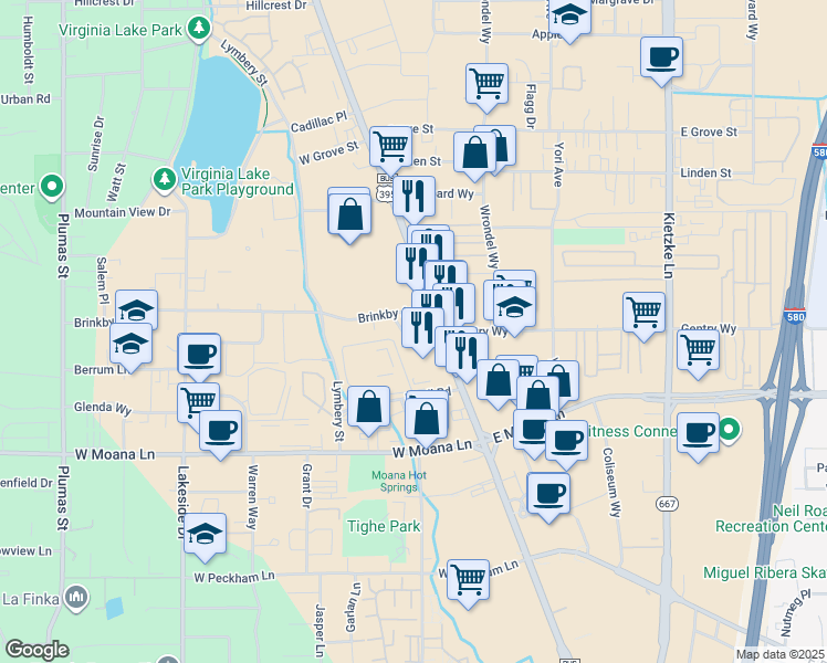 map of restaurants, bars, coffee shops, grocery stores, and more near 3085 South Virginia Street in Reno