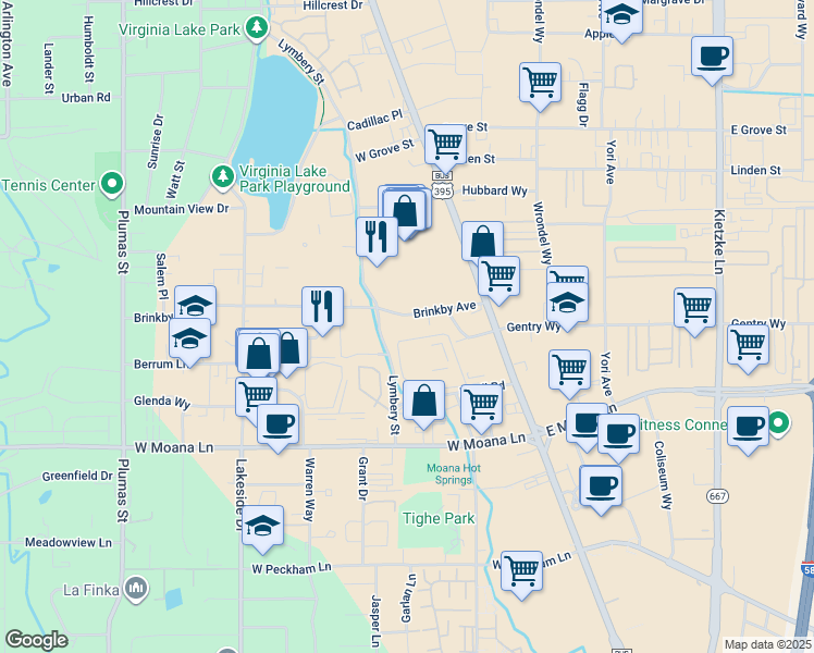 map of restaurants, bars, coffee shops, grocery stores, and more near 380 Brinkby Avenue in Reno