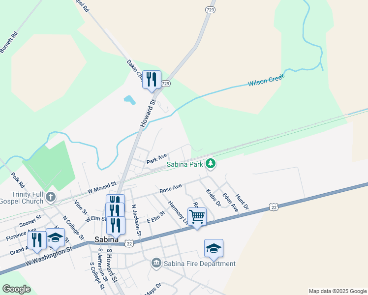 map of restaurants, bars, coffee shops, grocery stores, and more near 290 Park Street in Sabina