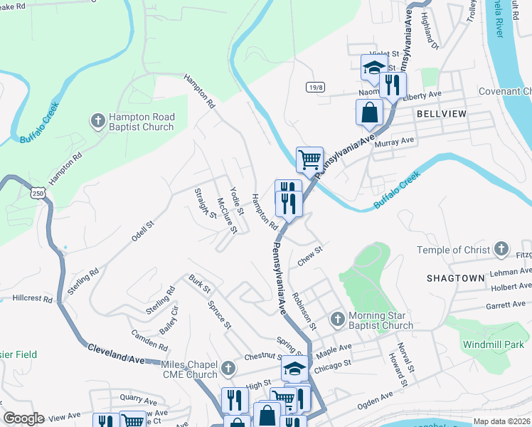 map of restaurants, bars, coffee shops, grocery stores, and more near 509 Warren Street in Fairmont