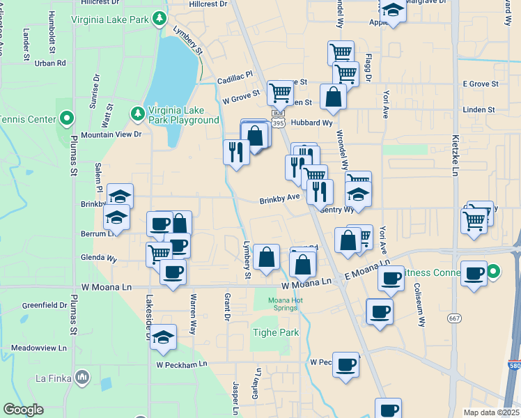 map of restaurants, bars, coffee shops, grocery stores, and more near 200 Brinkby Avenue in Reno