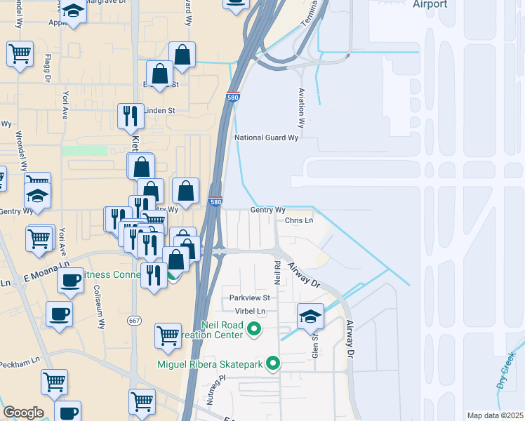 map of restaurants, bars, coffee shops, grocery stores, and more near in Reno