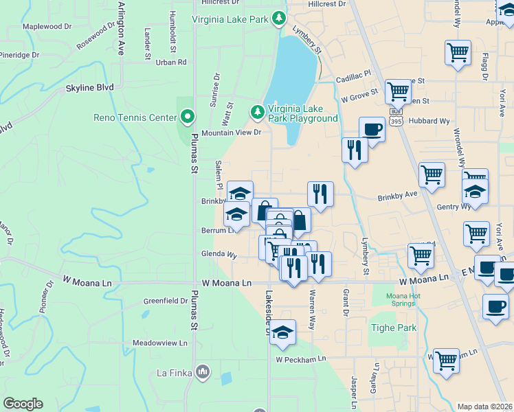 map of restaurants, bars, coffee shops, grocery stores, and more near 3095 Lakeside Drive in Reno