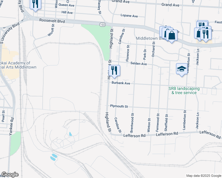 map of restaurants, bars, coffee shops, grocery stores, and more near 1913 Highland Street in Middletown