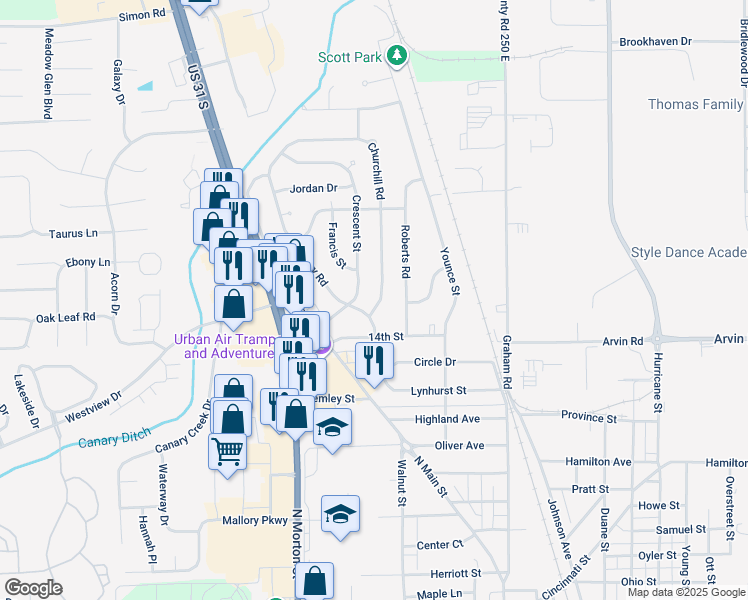 map of restaurants, bars, coffee shops, grocery stores, and more near 1454 Churchill Road in Franklin