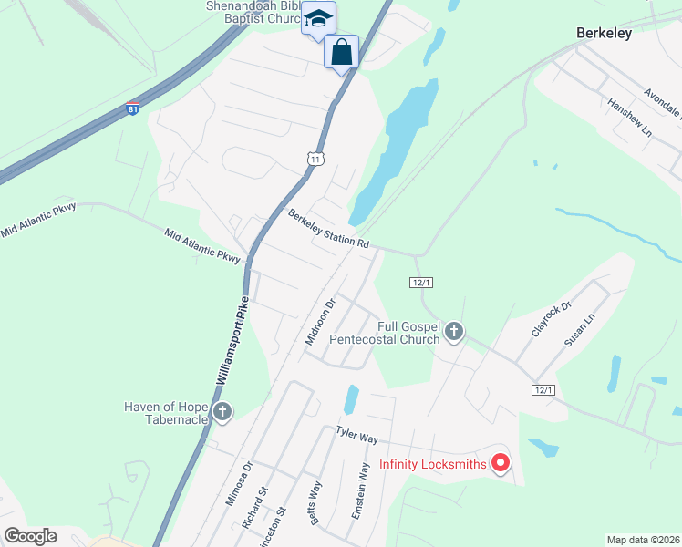 map of restaurants, bars, coffee shops, grocery stores, and more near 245 MIdnoon Drive in Martinsburg