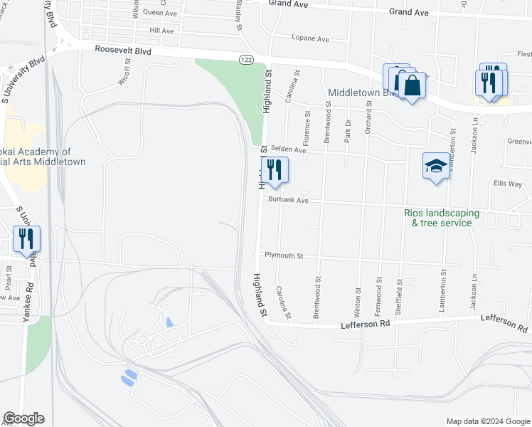 map of restaurants, bars, coffee shops, grocery stores, and more near 1913 Highland Street in Middletown