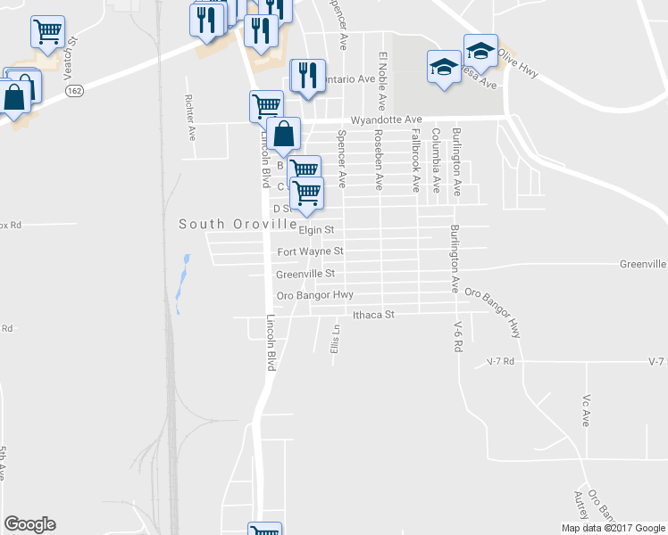 map of restaurants, bars, coffee shops, grocery stores, and more near 2152 Greenville Street in Oroville