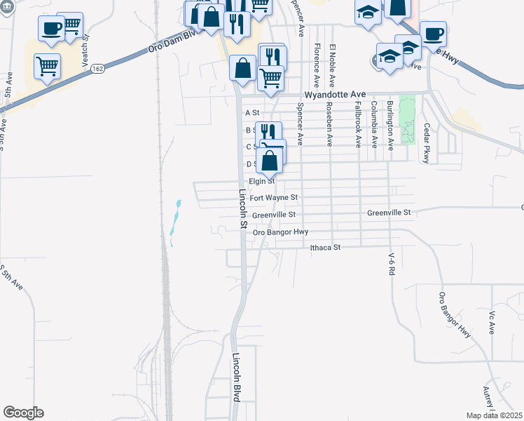 map of restaurants, bars, coffee shops, grocery stores, and more near 1960 Greenville St in Oroville