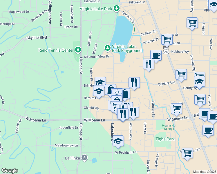 map of restaurants, bars, coffee shops, grocery stores, and more near 3095 Lakeside Drive in Reno