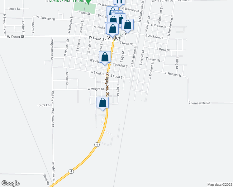 map of restaurants, bars, coffee shops, grocery stores, and more near 515 South Dye Street in Virden