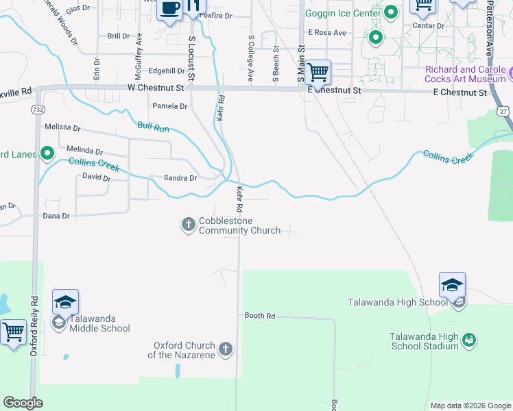 map of restaurants, bars, coffee shops, grocery stores, and more near 121 Silverleaf Drive in Oxford