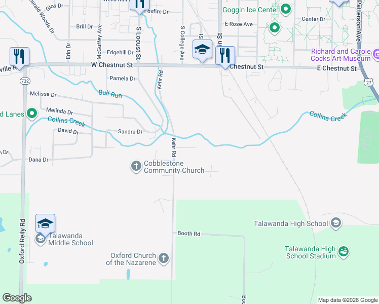 map of restaurants, bars, coffee shops, grocery stores, and more near 121 Silverleaf Drive in Oxford