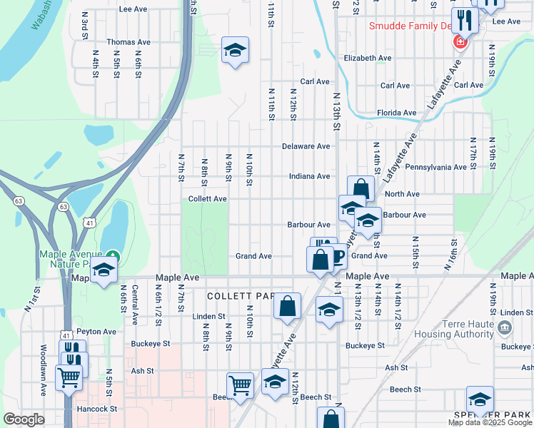 map of restaurants, bars, coffee shops, grocery stores, and more near 2316 North 11th Street in Terre Haute