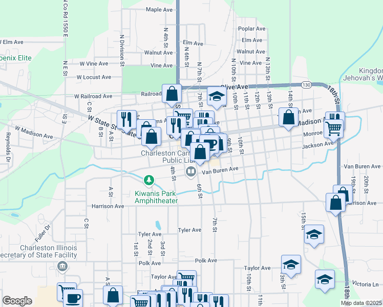 map of restaurants, bars, coffee shops, grocery stores, and more near 504 6th Street in Charleston