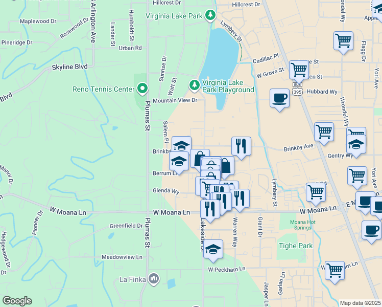 map of restaurants, bars, coffee shops, grocery stores, and more near 1057 Brinkby Avenue in Reno