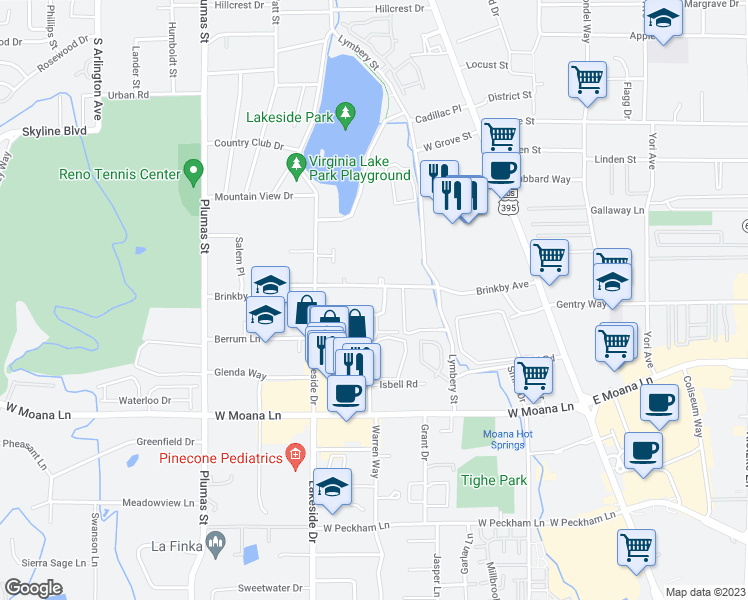 map of restaurants, bars, coffee shops, grocery stores, and more near 655 Robinhood Drive in Reno