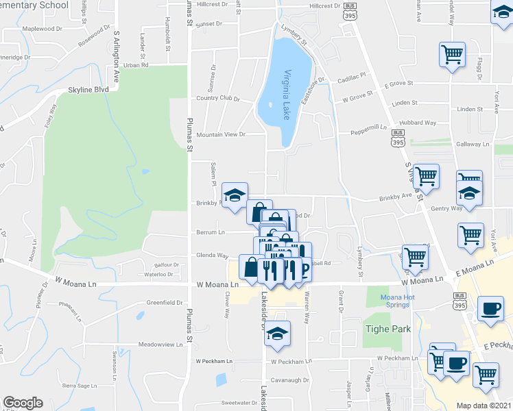map of restaurants, bars, coffee shops, grocery stores, and more near 3095 Lakeside Drive in Reno